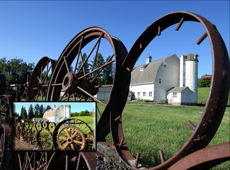 photo of dahman barn on the Palouse Prairie with artistic historic fence made of antique wheels and...
