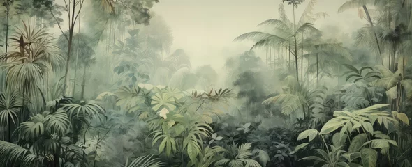 Foto op Plexiglas Watercolor pattern wallpaper. Painting of a jungle landscape in retro style. © Simon