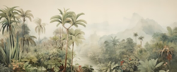 Watercolor pattern wallpaper. Painting of a jungle landscape in retro style.