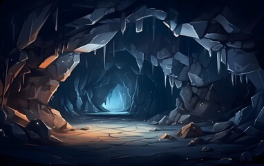 Cartoon cave interior illuminated with sunlight from the ceiling. Vector illustration of rocky landscape inside a very beautiful mountain