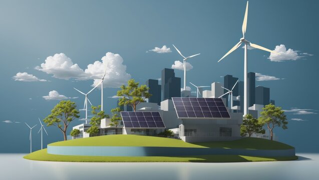 coexistence of wind and solar energy. Wind turbines and solar panels in a green landscape, demonstrating the potential of sustainable collaboration for a cleaner future