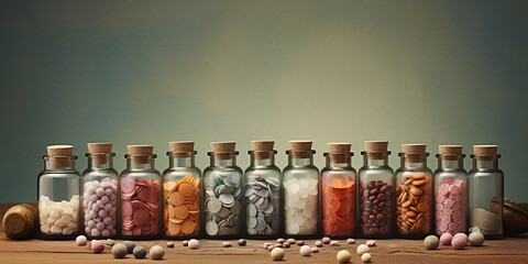 A harmonious arrangement of glass apothecary jars with cork tops, each containing different colored pellets, set against a subtle gradient backdrop.