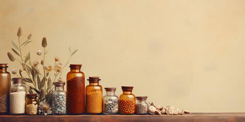 A serene display of vintage apothecary bottles filled with homeopathic grains and seeds, accompanied by dried wildflowers on a warm, textured background.