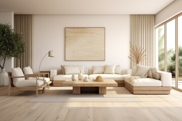 Interior design of a modern minimalistic living room mockup with white walls and hardwood floors.