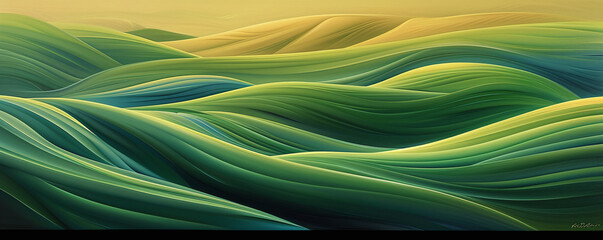 Abstract Rolling Hills of Green Fields at Sunset
