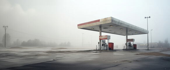 Fototapeta premium post apocalyptic cityscape, abandoned gas station on a foggy, gray morning, absence of people and cars, energy crisis
