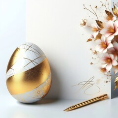 
Smooth lurex beige wall similar to a sheet of paper, flowers and a Paschal egg at the very bottom of the picture, delicate lines, no frame, very elegant and graceful greeting card, perfect light, pla - obrazy, fototapety, plakaty