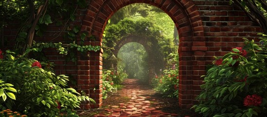 Enchanted Garden Entrance through the Brick Wall: A Mystical Pathway to an Enchanted Garden Enveloped by a Majestic Brick Wall