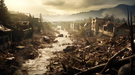 Fotobehang This haunting image captures a ravaged town in the aftermath of a massive flood, with remnants of life peeking through the destruction as the sun sets on the horizon. © sommersby