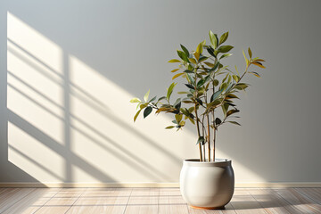 Ethereal Harmony: A Vibrant Potted Plant Elevating Serenity on a Polished Wooden Floor