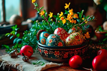 A springtime Easter decor with Easter eggs and flowers.