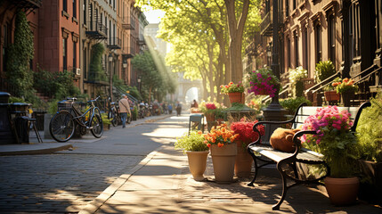 Fototapeta na wymiar Enchanted Urban Oasis: Vibrant Benches Invite Reflection on the Sidewalk