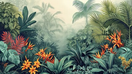 Illustration of a lush jungle landscape. Tropical wallpaper.