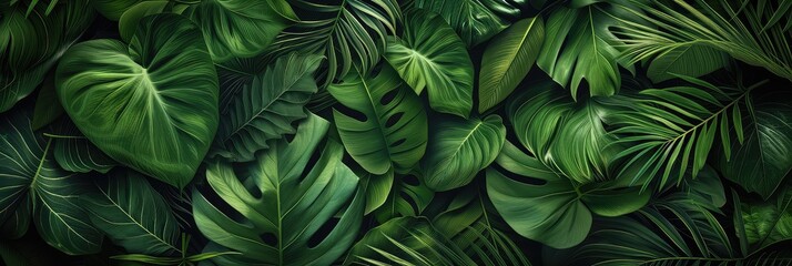 Lush tropical green leaves. Jungle wallpaper background.