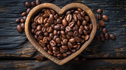 Coffee beans in a heart-shaped plate, coffee beans scattered on a wooden table