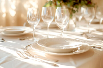 Fototapeta premium Beautiful table setting for festive family dinner with spring flowers in sun light.