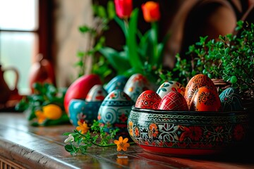 A handicraft exhibition including a bowl and many colourful patterned Easter eggs.