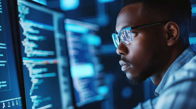 Close-up of a focused African American cybersecurity expert wearing glasses, analyzing complex data on multiple computer screens in a dimly lit office
