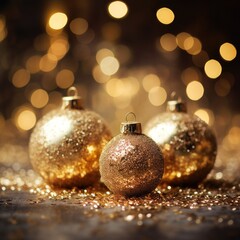 Gold christmas ornaments in golden glitter