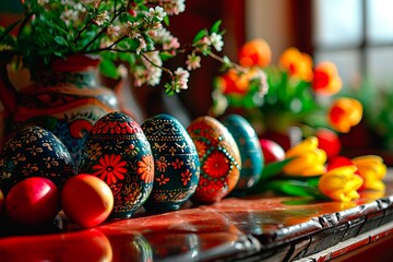The patterned Easter eggs stand in an even row on a shiny table.
