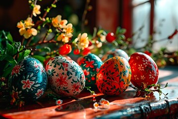 Grandma's hand-painted colourful Easter eggs seen in close-up.
