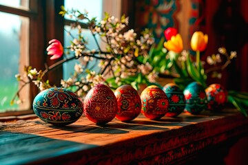 Colourful Easter eggs painted in the traditional way are drying on the windowsill.