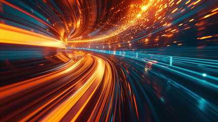 Fototapeta na wymiar A tunnel of fiery orange and cool blue lights creates a striking visual of speed and motion, perfect for dynamic and energetic themes.