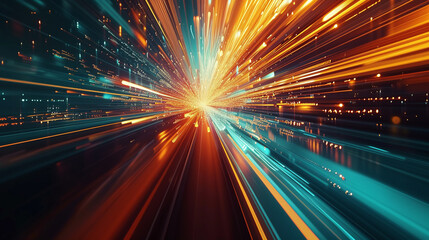 Fototapeta na wymiar Vivid orange and teal streaks of light create a sense of hyper velocity, suitable for concepts involving speed and technology. 