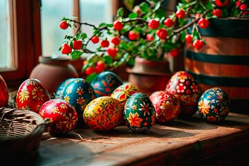 The traditional art of spring painting Easter eggs in folk patterns.