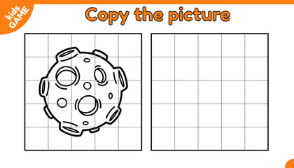 Copy the picture and color. Kids space game. Draw and paint the cartoon Moon. Page of activity book for children. Coloring puzzle for preschool and school education child. Outline vector illustration.