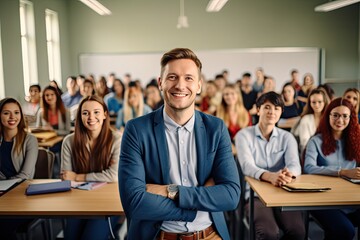 A smiling teacher in front of his students.