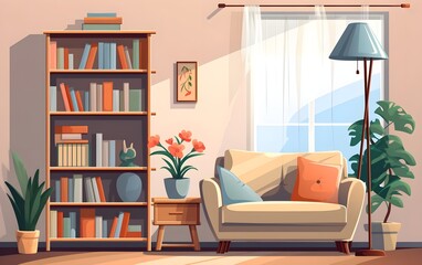 living room interior with furniture, table, shelves with books cartoon vector illustration

