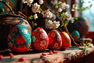 Spring coloured Easter eggs stand against a large pot containing flowers.