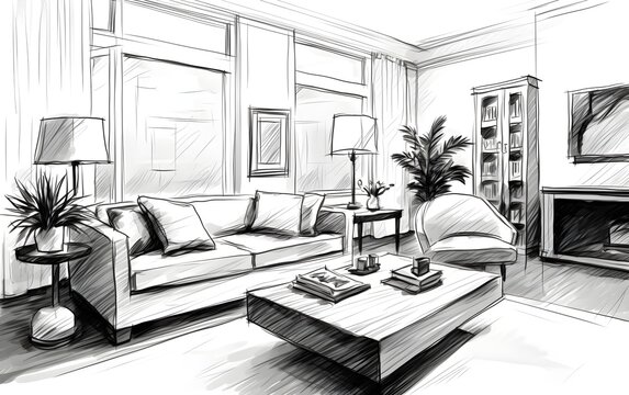 vector illustration, living room sketch, vector black and white house interior drawing