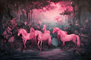 Mystical Waterside Retreat White Horses and Unicorn Roaming in a Pink Forest River Waters