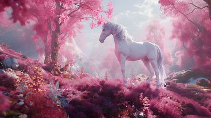 Pastoral Grace White Horse Amidst Mountains Forest Pink Hues - obrazy, fototapety, plakaty