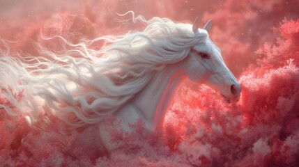 Pastel Cascade Serenade White Horse in a Pink Grasses Forest - obrazy, fototapety, plakaty