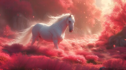 Peachy Pastoral Dreams White Horse in Fantasy Mountains Meadow - obrazy, fototapety, plakaty