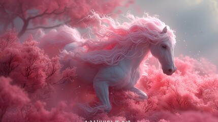 Peach Grasses Fantasy Run White Horse Mane Gliding through Pink Hues - obrazy, fototapety, plakaty