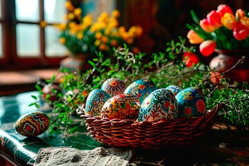 A village table decorated with various Easter decorations.