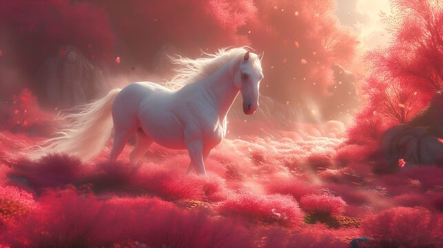 Peachy Pastoral Dreams White Horse in Fantasy Mountains Meadow