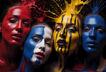 Faces of surreal colors with splashes of yellow, red, white, blue and black.	