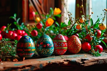 Easter decorations in an old wooden country kitchen.