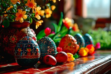 Intricately painted colourful Easter eggs seen in close-up.