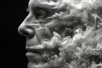 Portrait d'un vieil homme âgé de profil perdu dans le brouillard, concept de perte de mémoire, Alzheimer, brume dans l'esprit, fragmentation de l'individualité