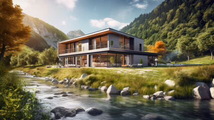 Modern villa with panoramic windows in mountains, luxury residential house by water in summer. Scenery of mansion, river, forest and sky. Concept of landscape, design, nature - obrazy, fototapety, plakaty