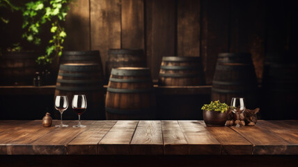 Old brown wood table on blurred cellar background, empty desk with wine glasses in restaurant, bar or cafe. Vintage wooden barrels in storage of winery. Concept of vineyard, product