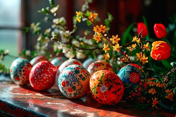 Close-up of multicoloured Easter eggs lying on a tabletop among colourful flowers.