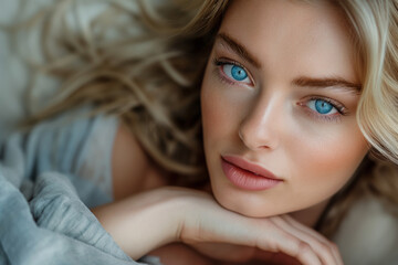 A beautiful woman with blue eyes and blonde hair poses for a portrait. She has her head resting on her left arm and a slight smile on her lips.