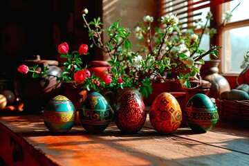 Easter decoration on a wooden table in the kitchen.